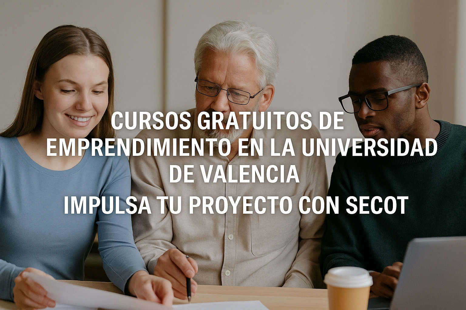 Estudiantes y mentores Secot colaborando en la creación de proyectos emprendedores en la Universidad de Valencia.Imagen generada con DALL·E de OpenAI