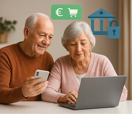 Una pareja de personas sénior revisando su cuenta bancaria digital desde casa, con confianza y tranquilidad.
